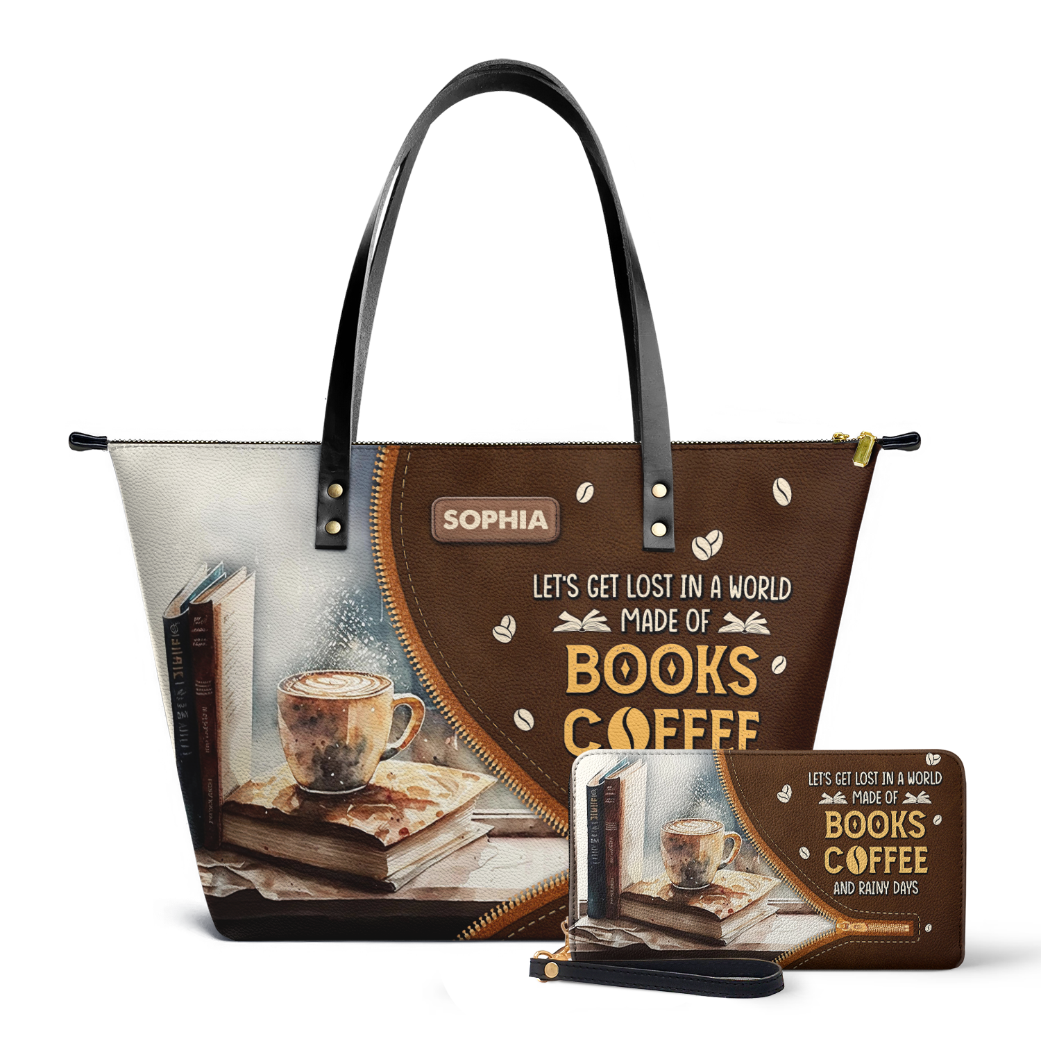 Lets Get Lost In A World Made Of Books Coffee And Rainy Days TTRZ28106061FW Leather Tote Bag