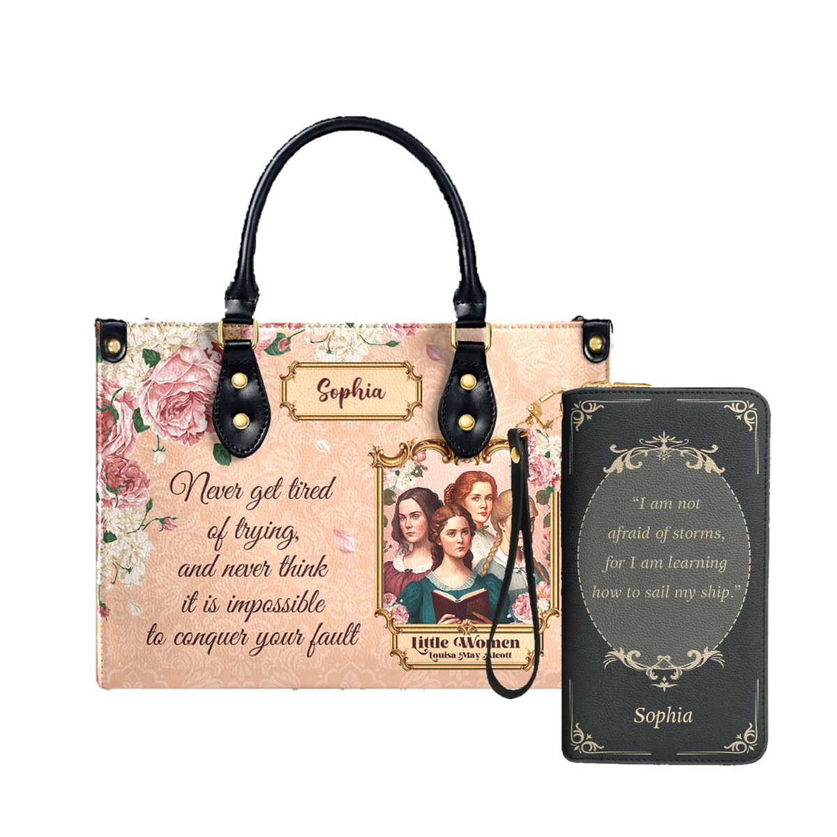 Little Women Never Get Tired Of Trying leather bag and matching zip around wallet