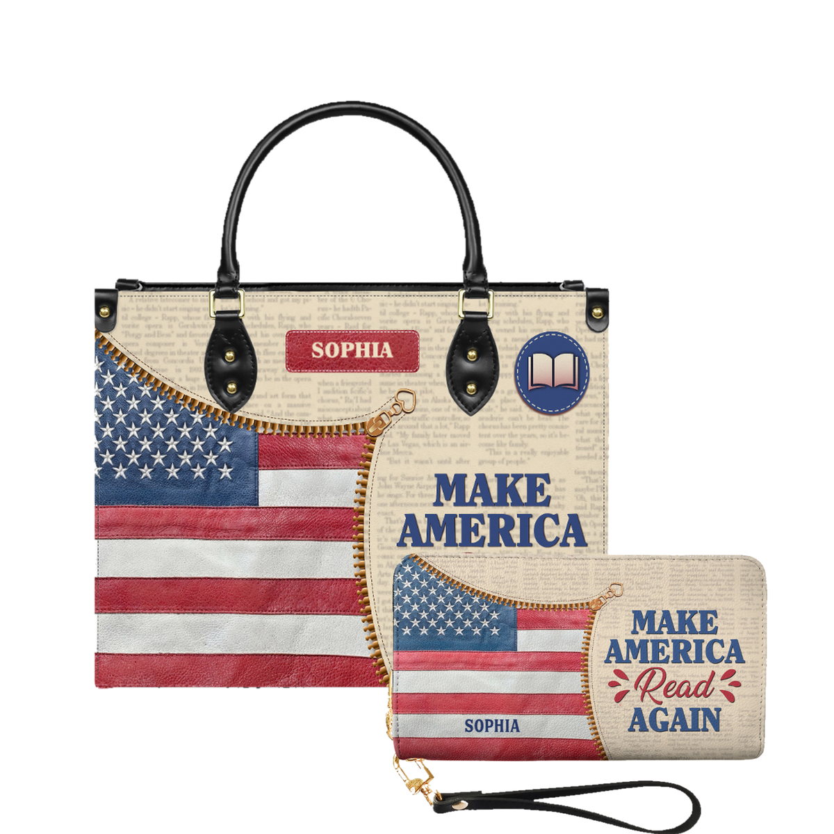 Make America Read Again leather bag and matching zip around wallet