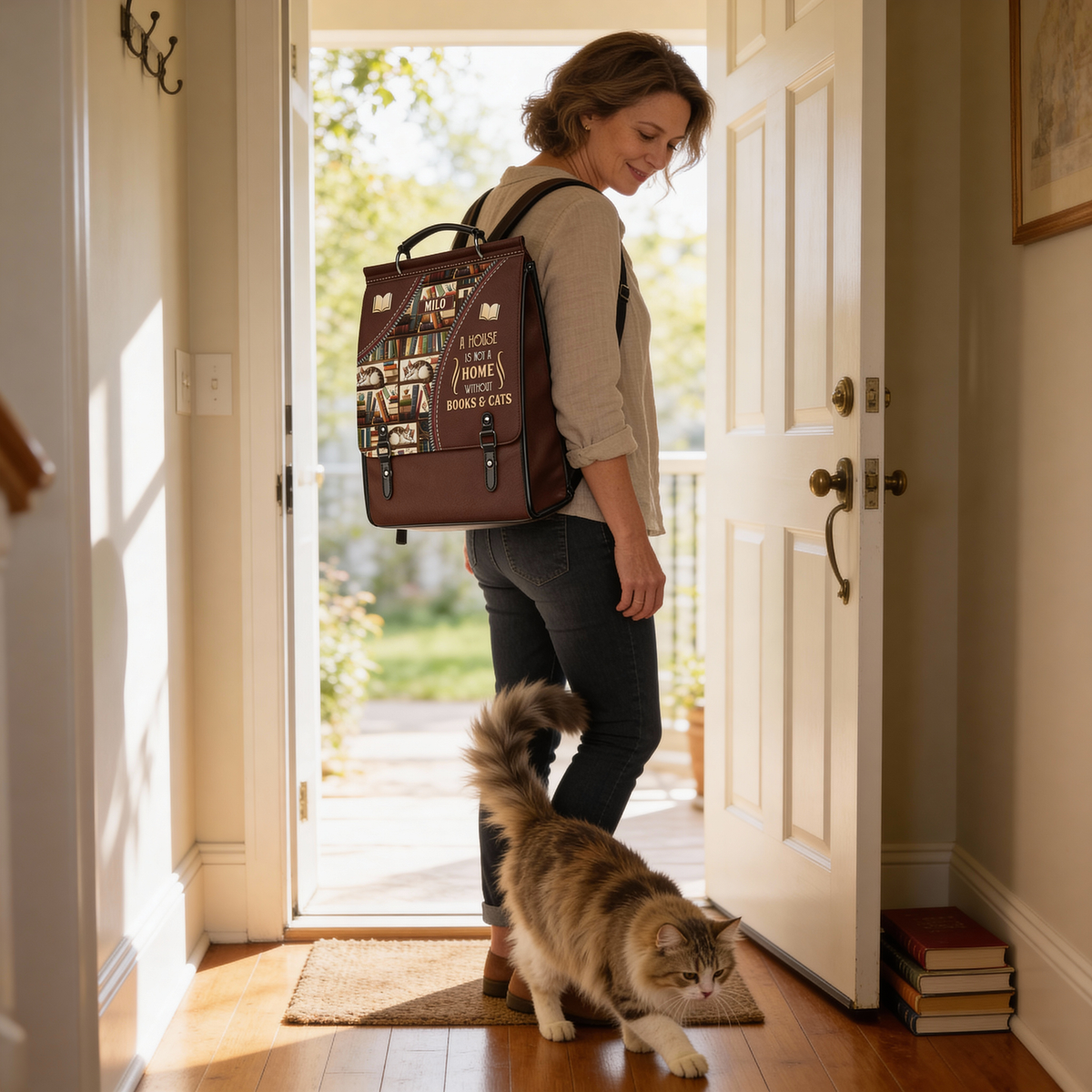 A House Is Not A Home Without Books And Cats NNRZ12015637YE Leather Backpack