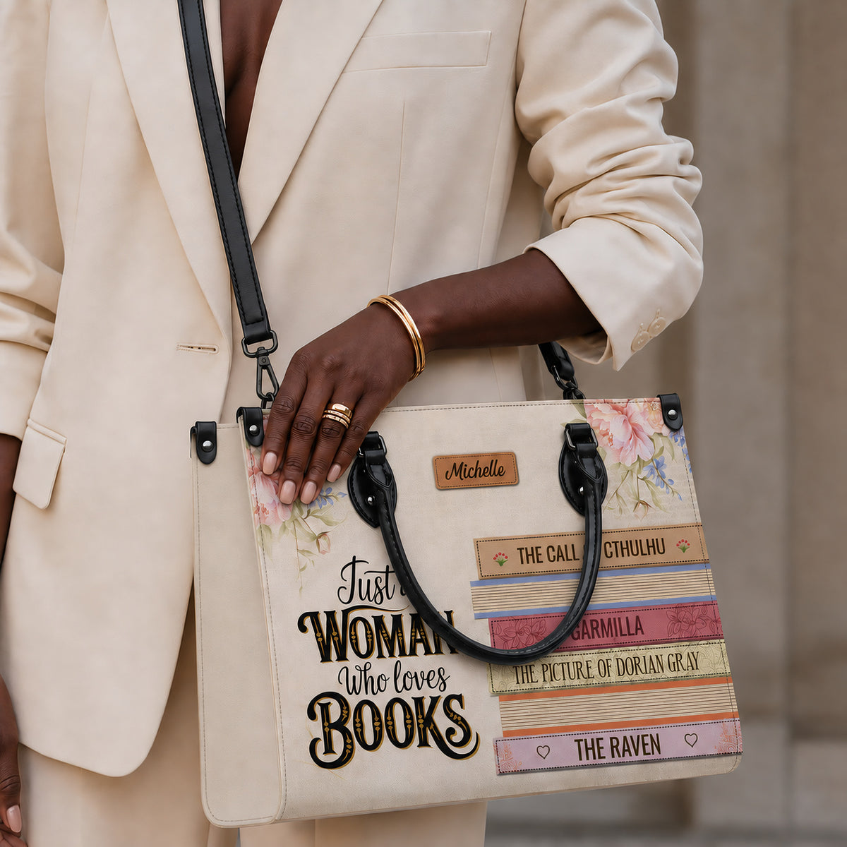 Black Interior -  Custom Bookshelf: Just A Woman Who Loves Books HHRZ26106015NK Leather Bag