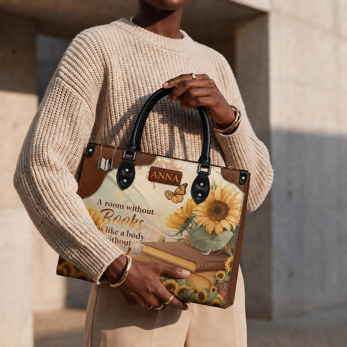 Black Interior -  Custom Quote Sunflower HTRZ29072526MN Leather Bag