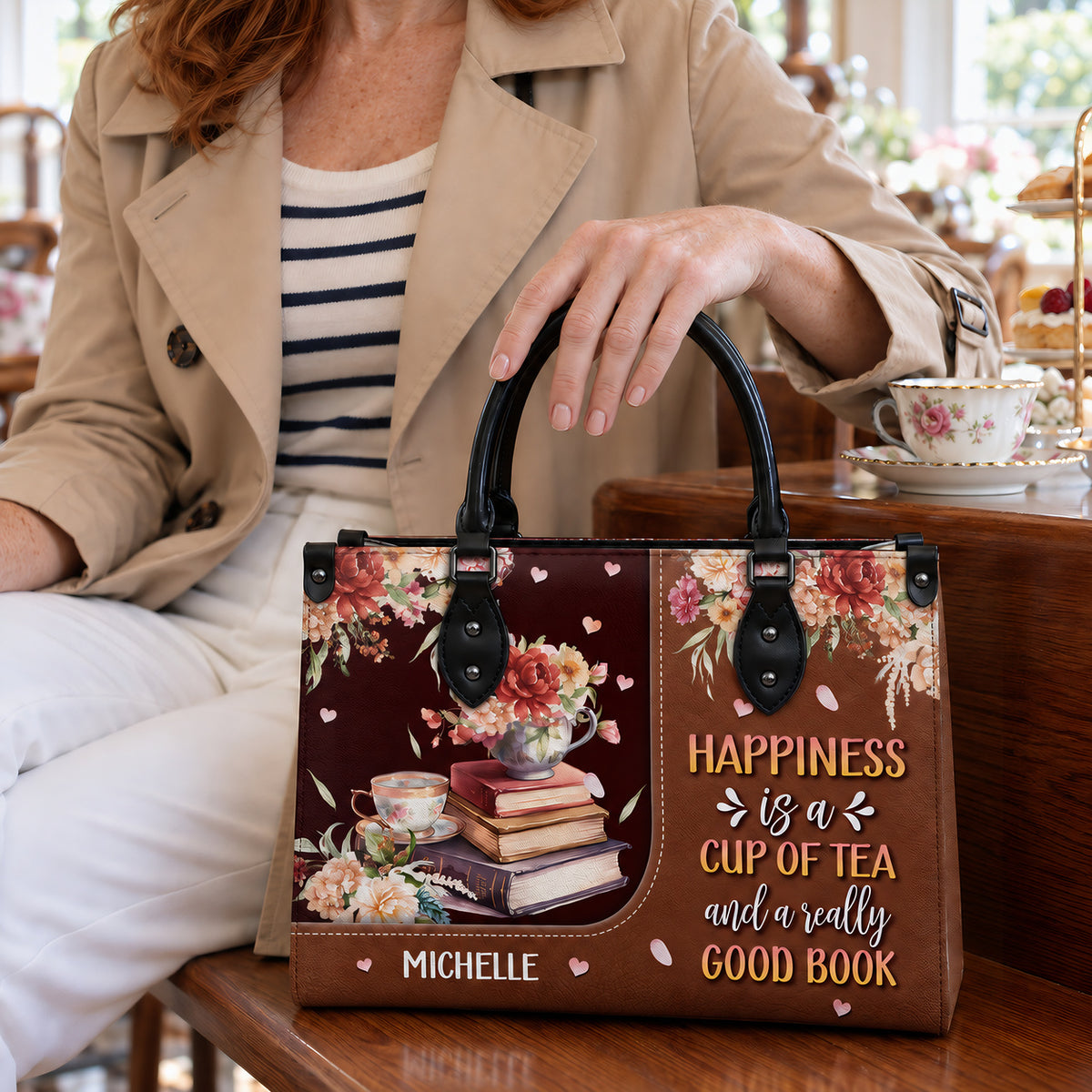 Black Interior -  Happiness Is A Cup Of Tea And A Really Good Book HTRZ20119150MI Leather Bag