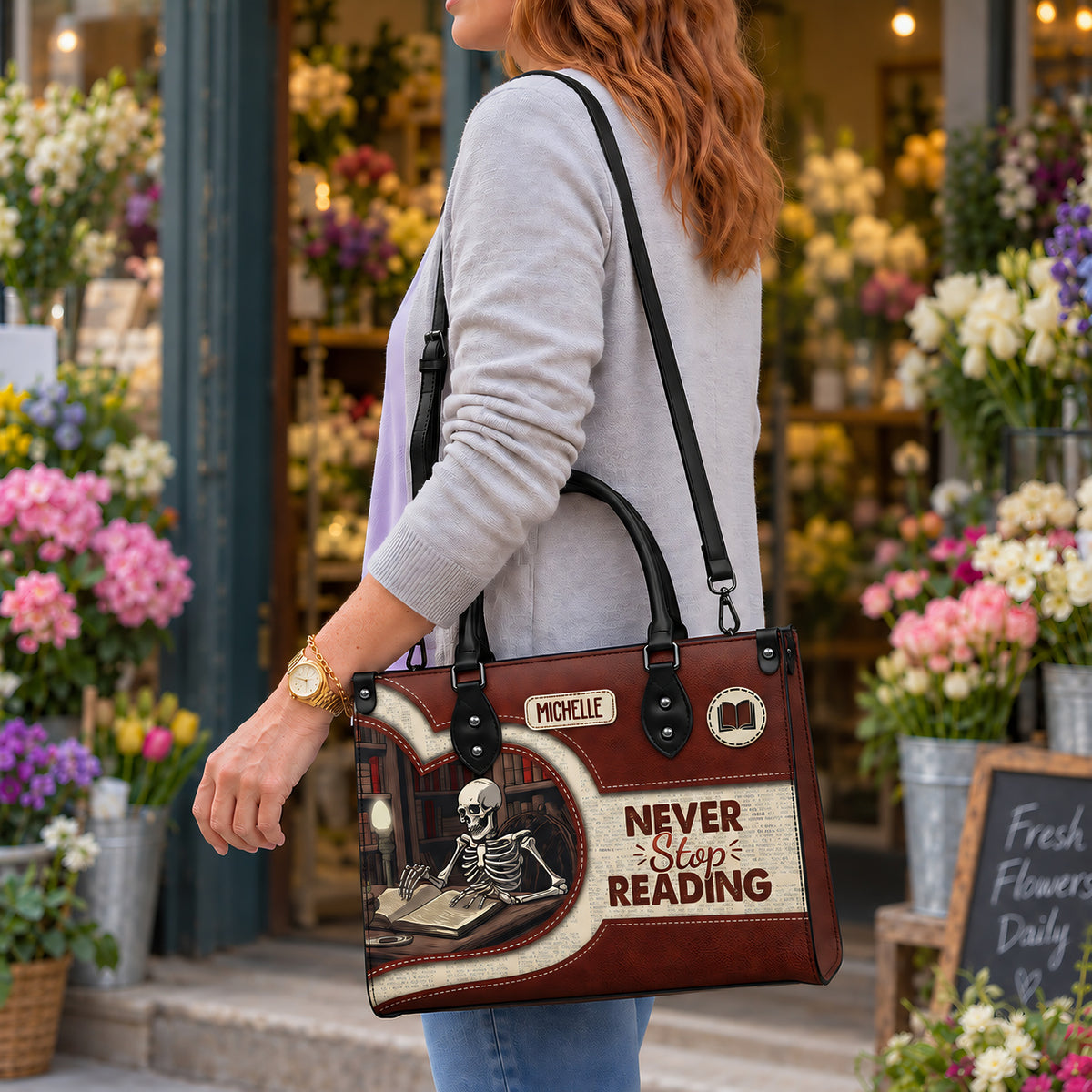 Black Interior -  Never Stop Reading HHRZ17019514LN Leather Bag