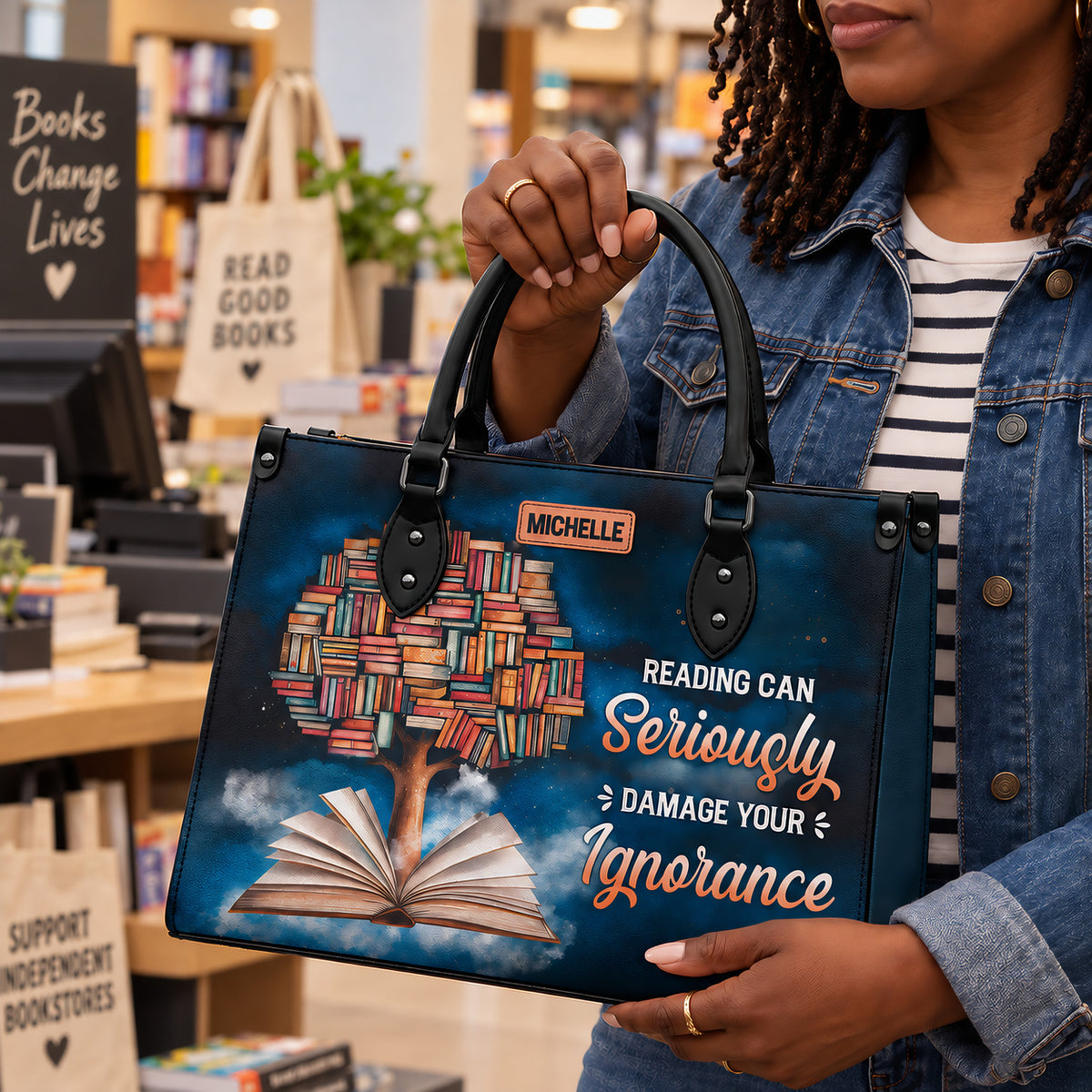 Black Interior -  Reading Can Seriously Damage Your Ignorance HHRZ25103508EQ Leather Bag