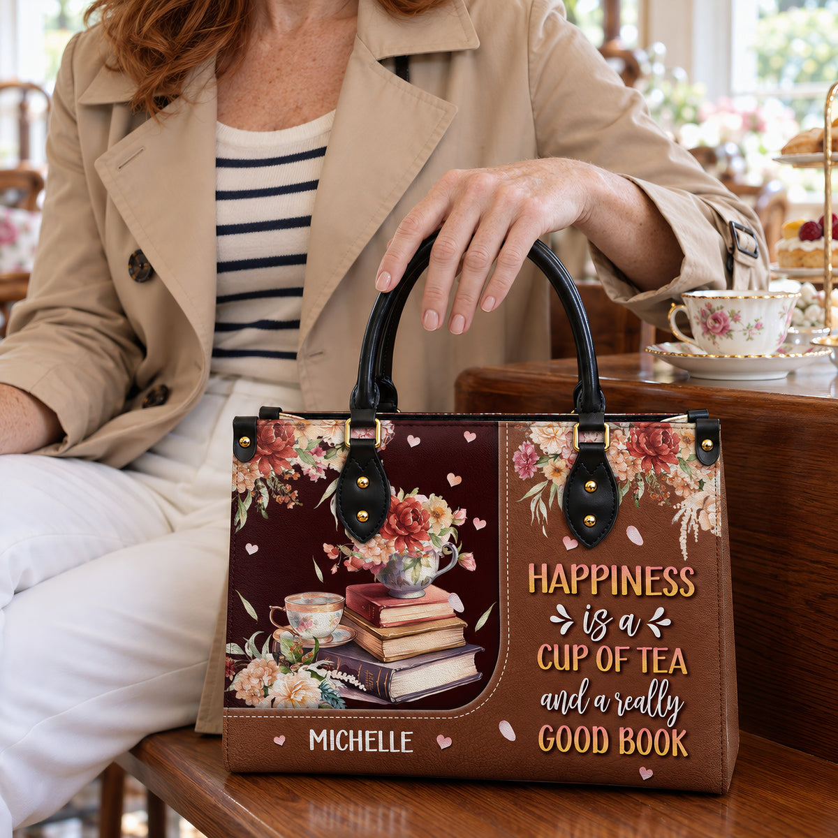 Happiness Is A Cup Of Tea And A Really Good Book HTRZ20119150MI Leather Bag