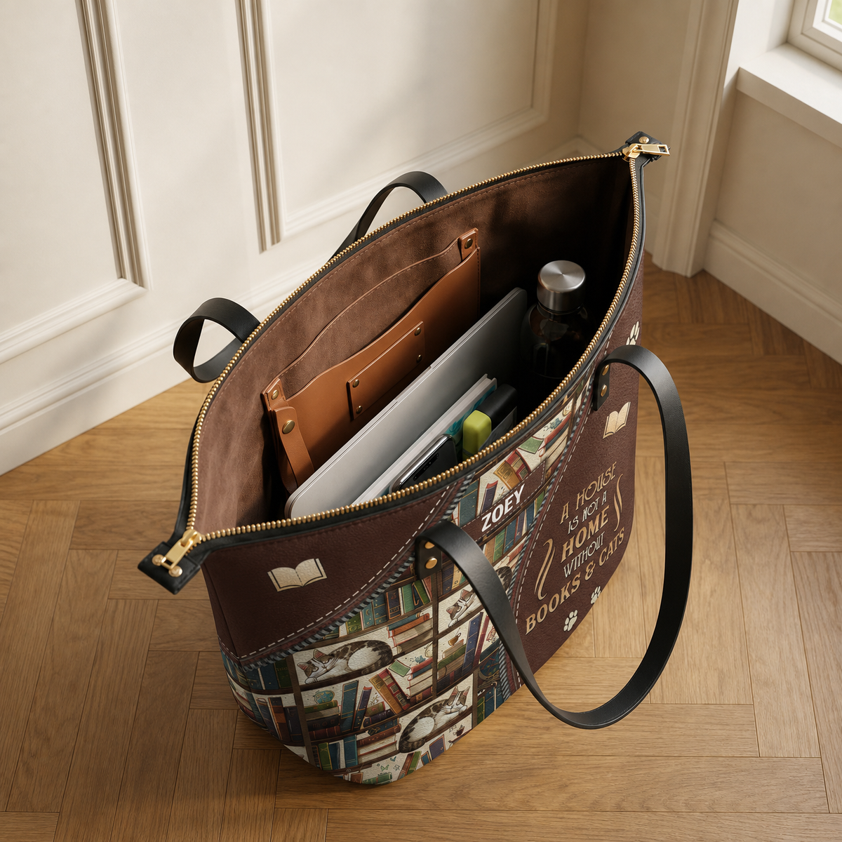 A House Is Not A Home Without Books And Cats TTRZ28109974NK Leather Tote Bag