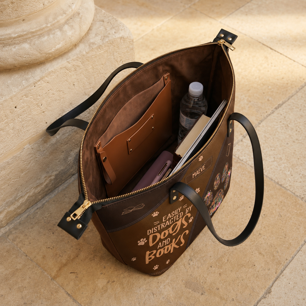 Easily Distracted By Dogs And Books TTRZ28103727GU Leather Tote Bag