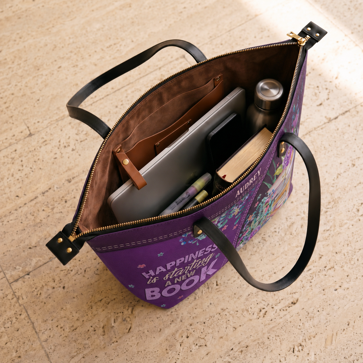 Happiness Is Starting A New Book TTRZ28103219EN Leather Tote Bag