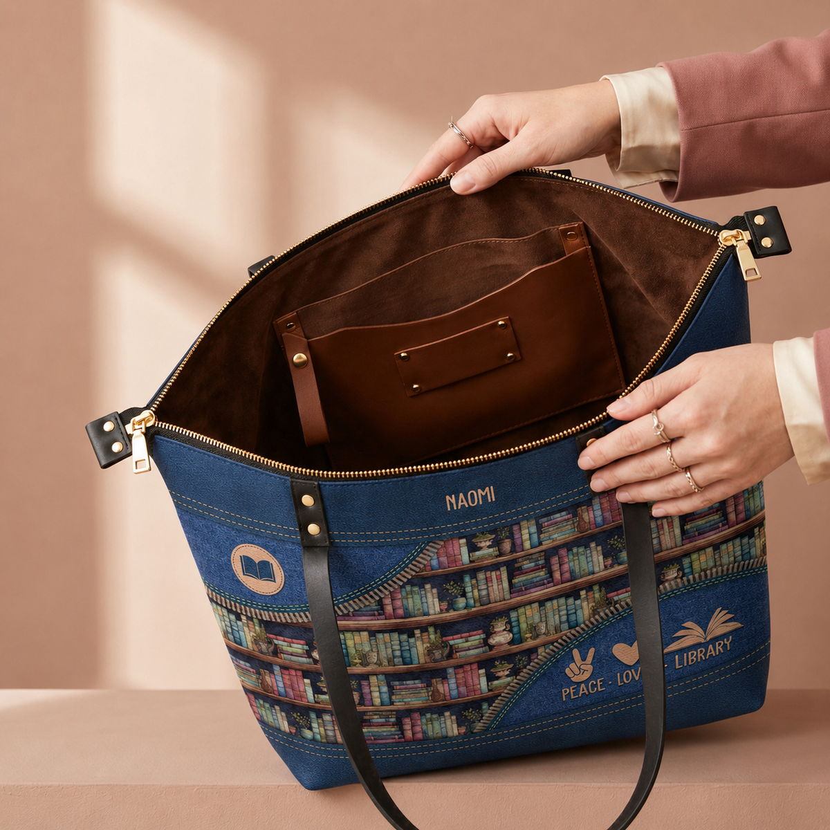 Peace Love Library TTRZ28109989CS Leather Tote Bag