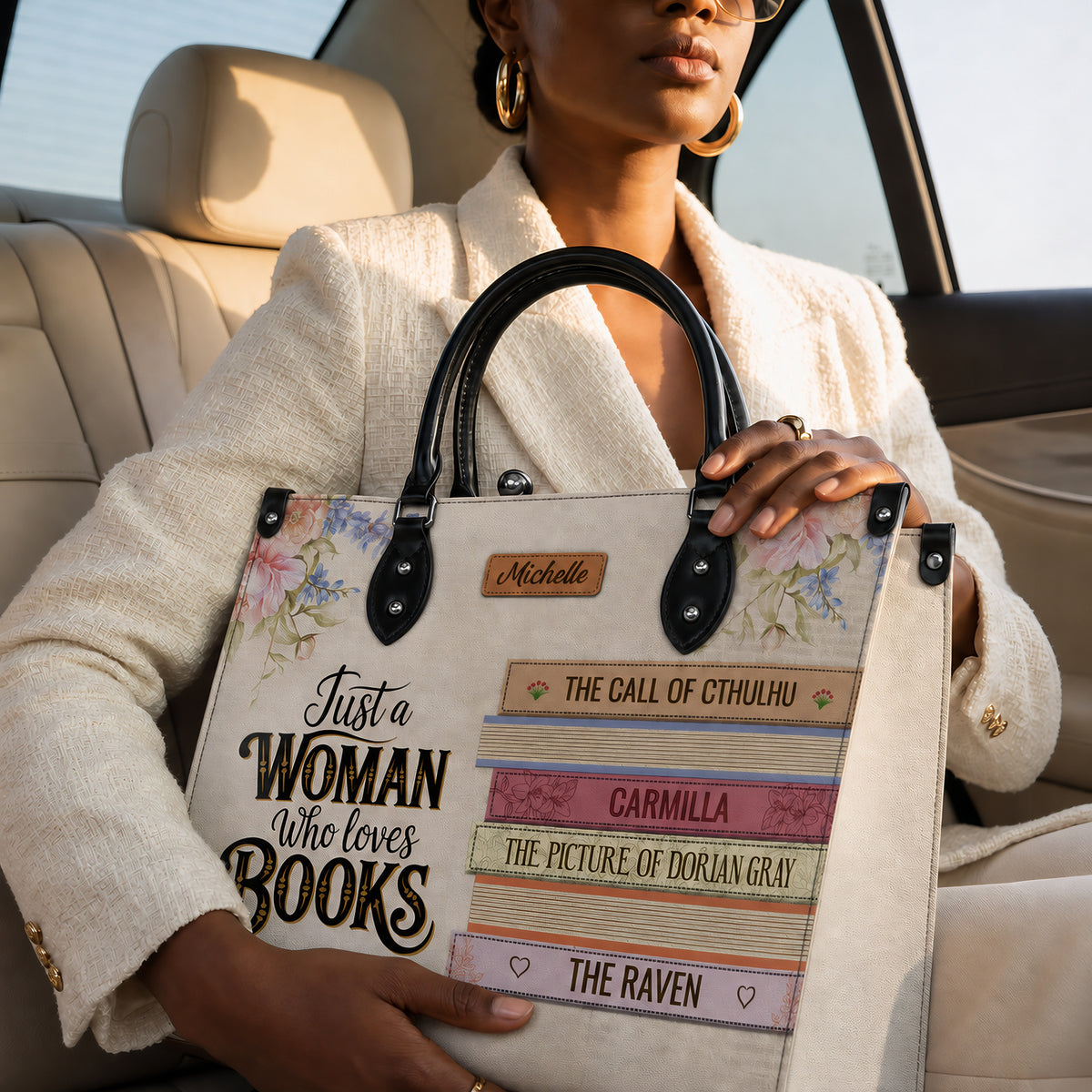 Black Interior -  Custom Bookshelf: Just A Woman Who Loves Books HHRZ26106015NK Leather Bag
