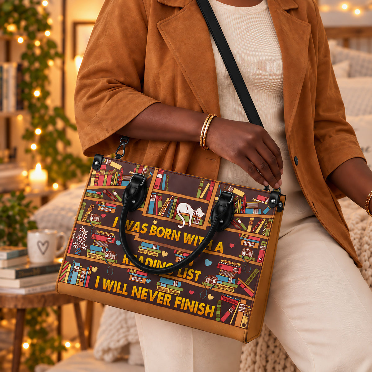 Black Interior -  I Was Born With A Reading List I Will Never Finish HHRZ1902001A Leather Bag