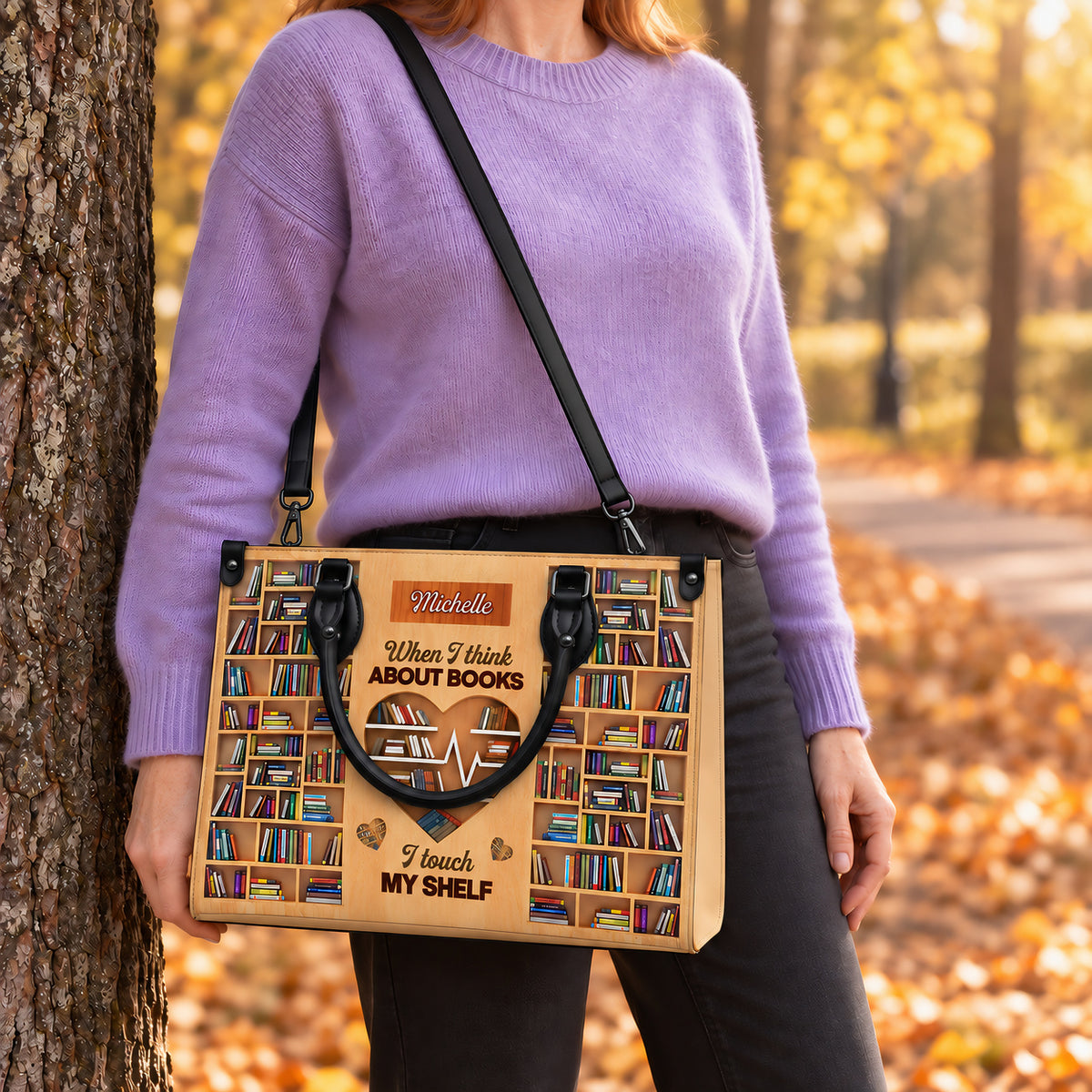 Black Interior -  When I Think About Books I Touch My Shelf DNRZ1802001A Leather Bag