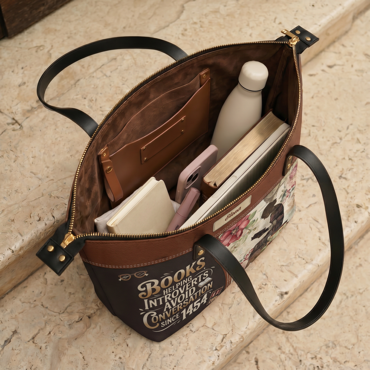 Books Helping Introverts Avoid Conversation Since 1454 TTRZ28103119YR Leather Tote Bag