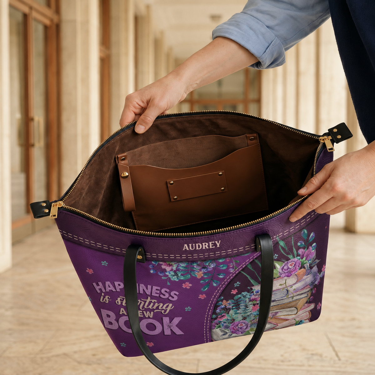 Happiness Is Starting A New Book TTRZ28103219EN Leather Tote Bag