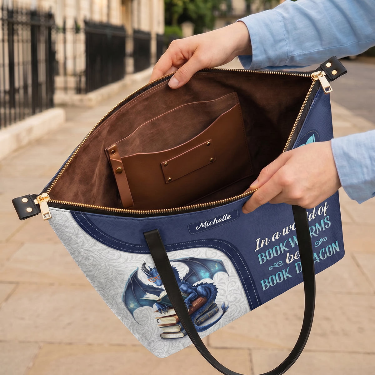 In A World Of Bookworms Be A Book Dragon TTRZ28102596QC Leather Tote Bag