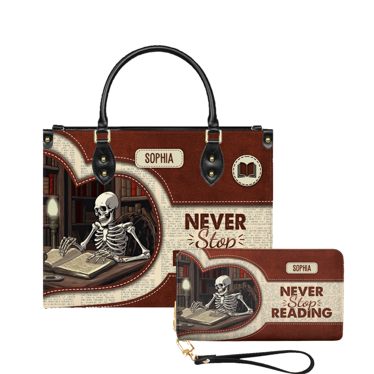 Never Stop Reading leather bag and matching zip around wallet