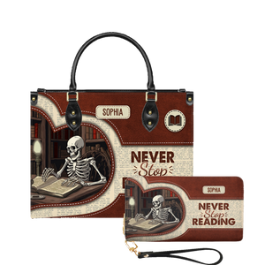 Never Stop Reading leather bag and matching zip around wallet