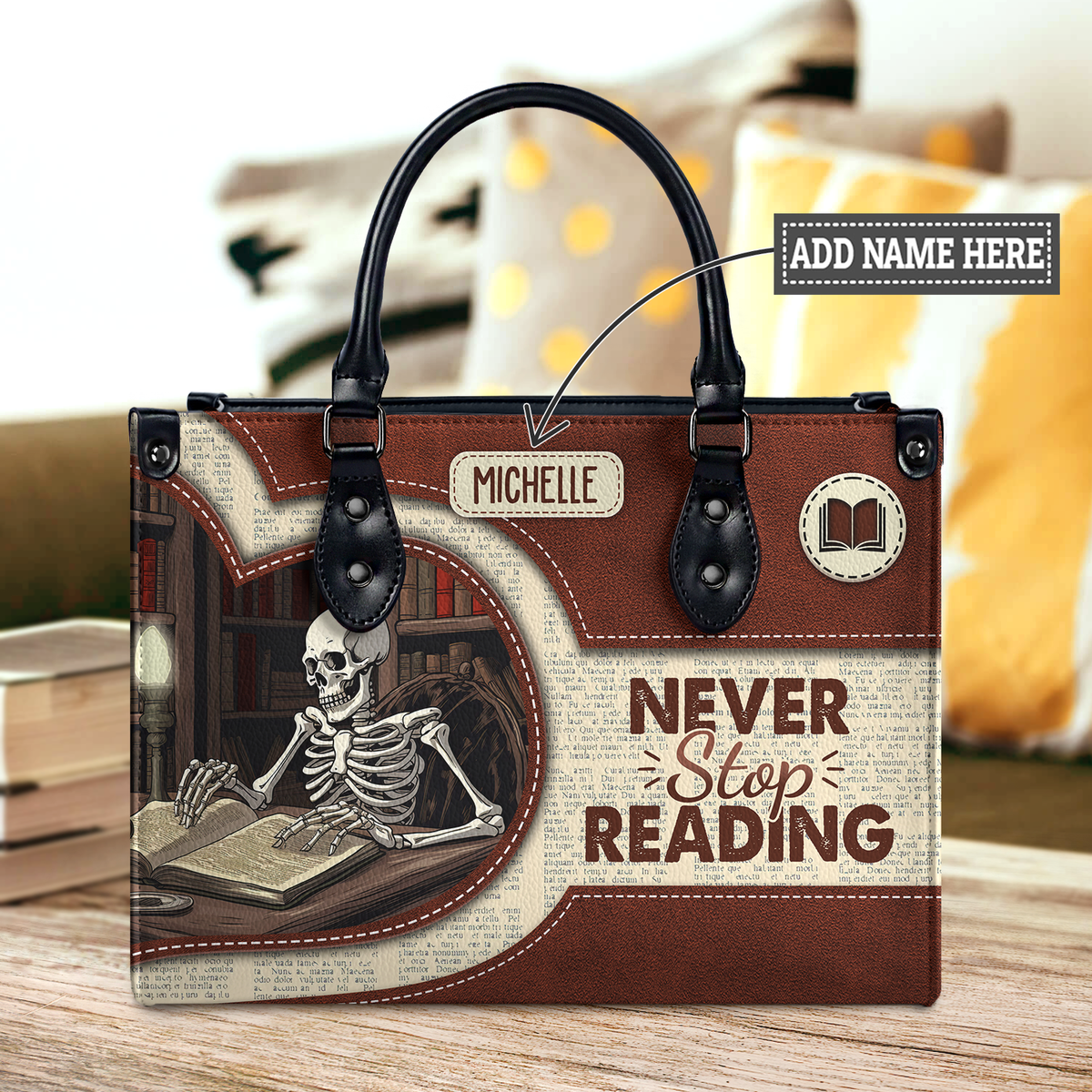 Black Interior -  Never Stop Reading HHRZ17019514LN Leather Bag