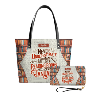 Never Underestimate A Woman Who Loves Reading Was Born In leather tote bag and matching zip around wallet