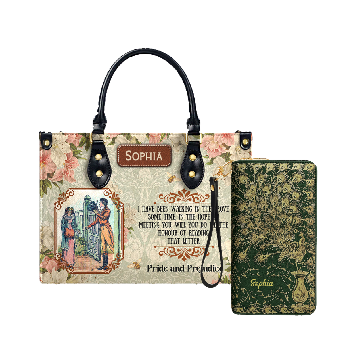 Pride And Prejudice I Have Been Walking In The Grove Some Time leather bag and matching zip around wallet
