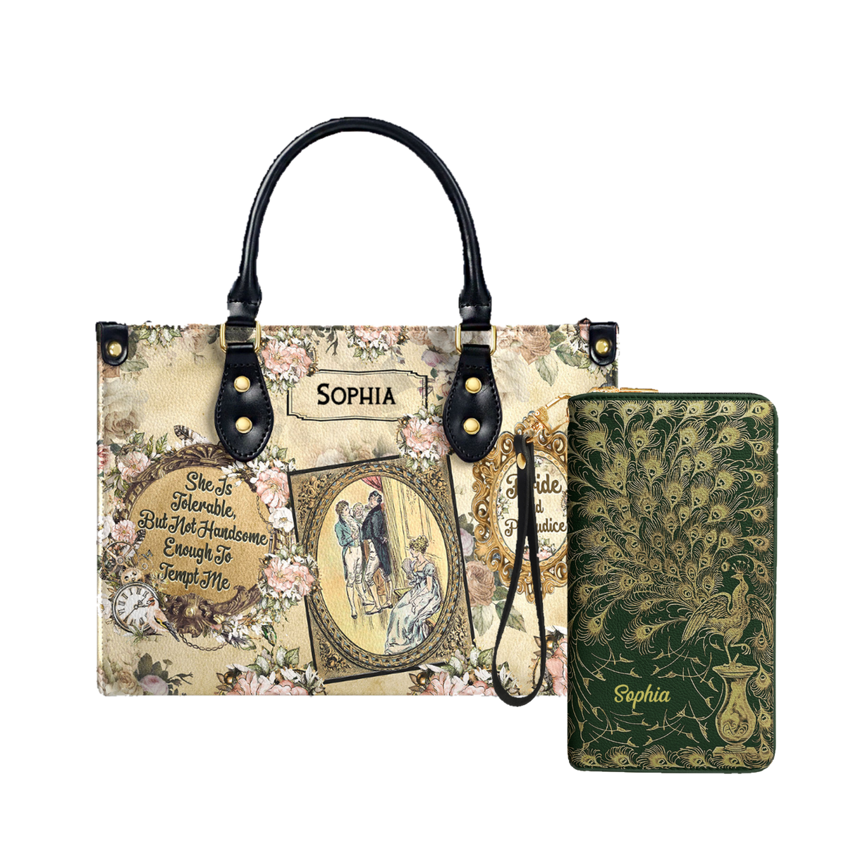 Pride And Prejudice She Is Tolerable leather bag and matching zip around wallet