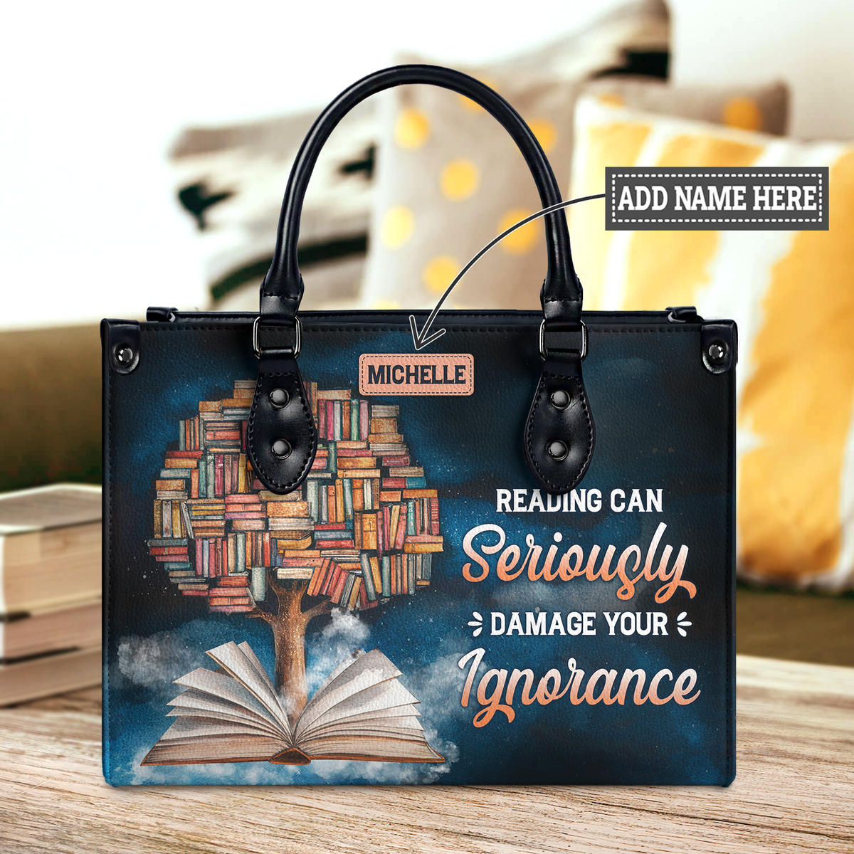 Black Interior -  Reading Can Seriously Damage Your Ignorance HHRZ25103508EQ Leather Bag