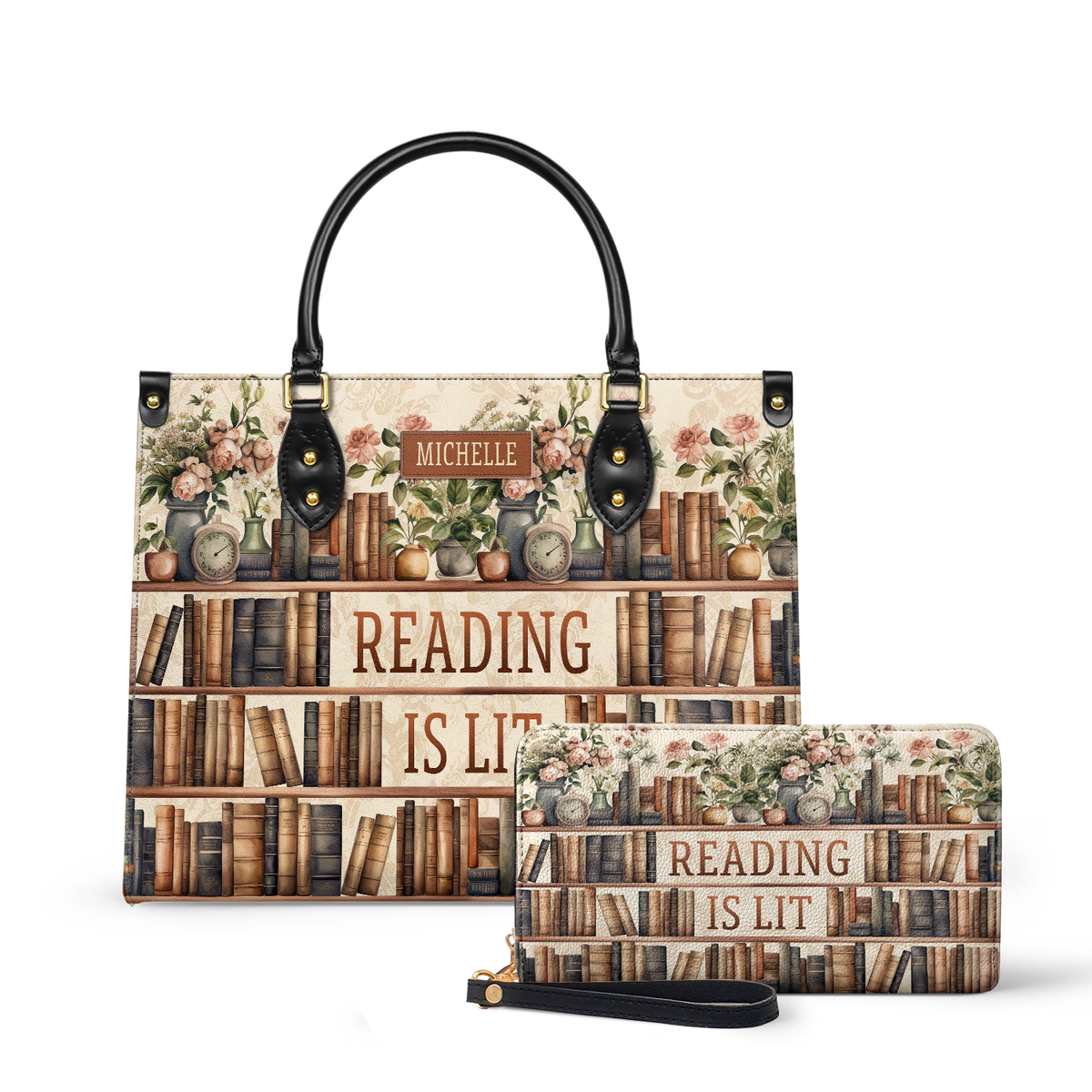Reading Is Lit Bookshelf Flower HHRZ17012979OH Leather Bag