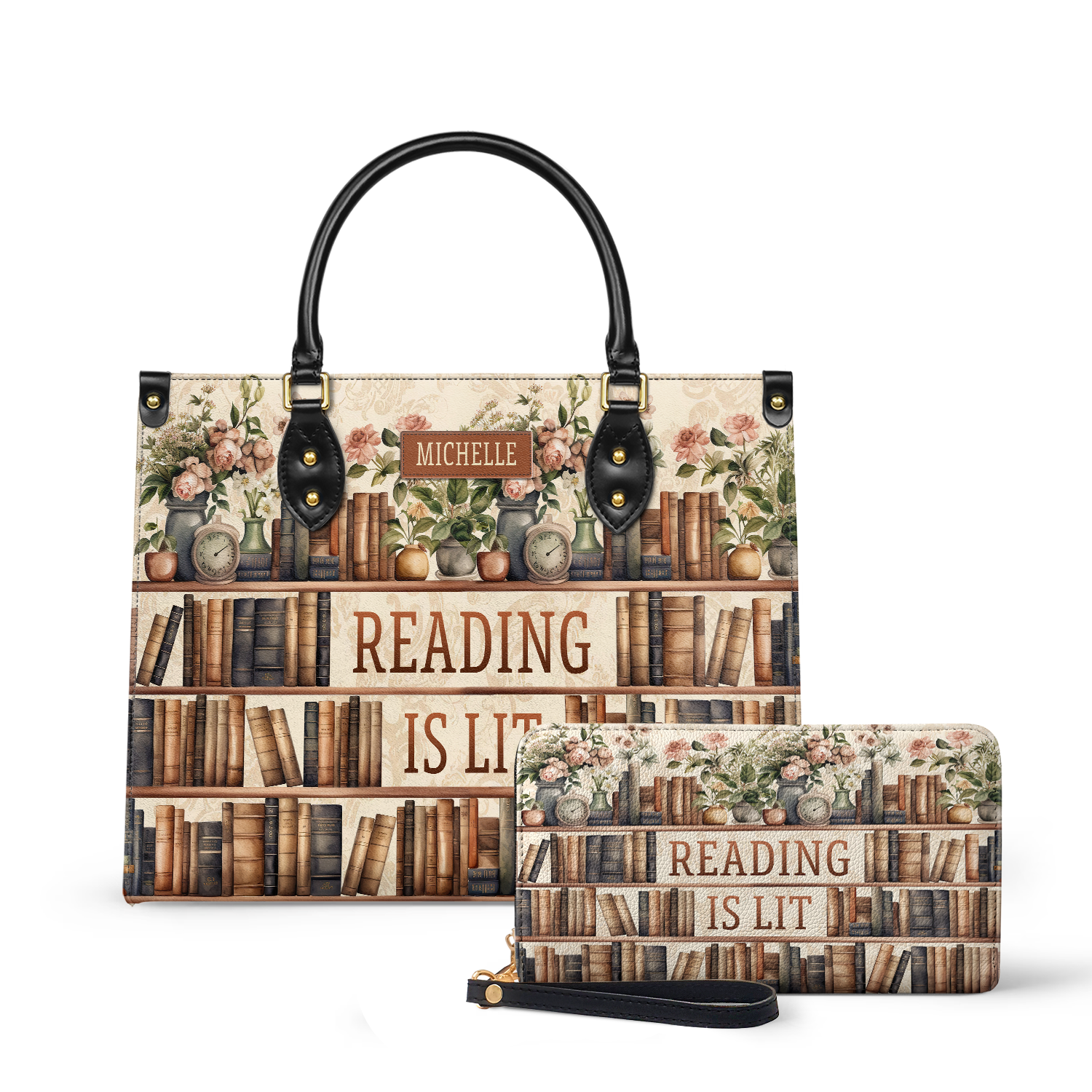 Reading Is Lit Bookshelf Flower HHRZ17012979OH Leather Bag