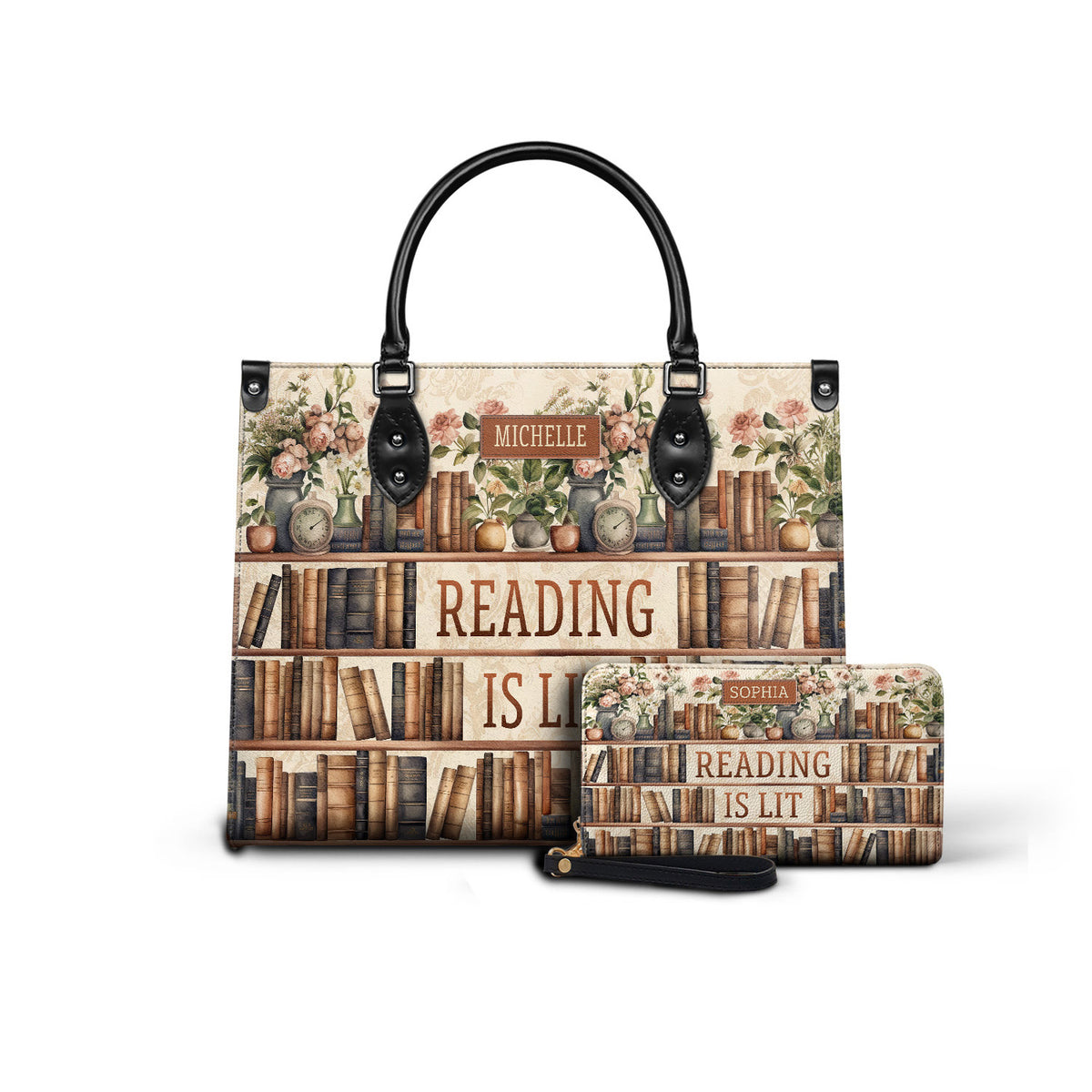 Black Interior -  Reading Is Lit Bookshelf Flower HHRZ17012979OH Leather Bag