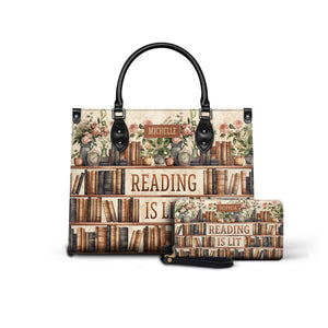 Black Interior -  Reading Is Lit Bookshelf Flower HHRZ17012979OH Leather Bag