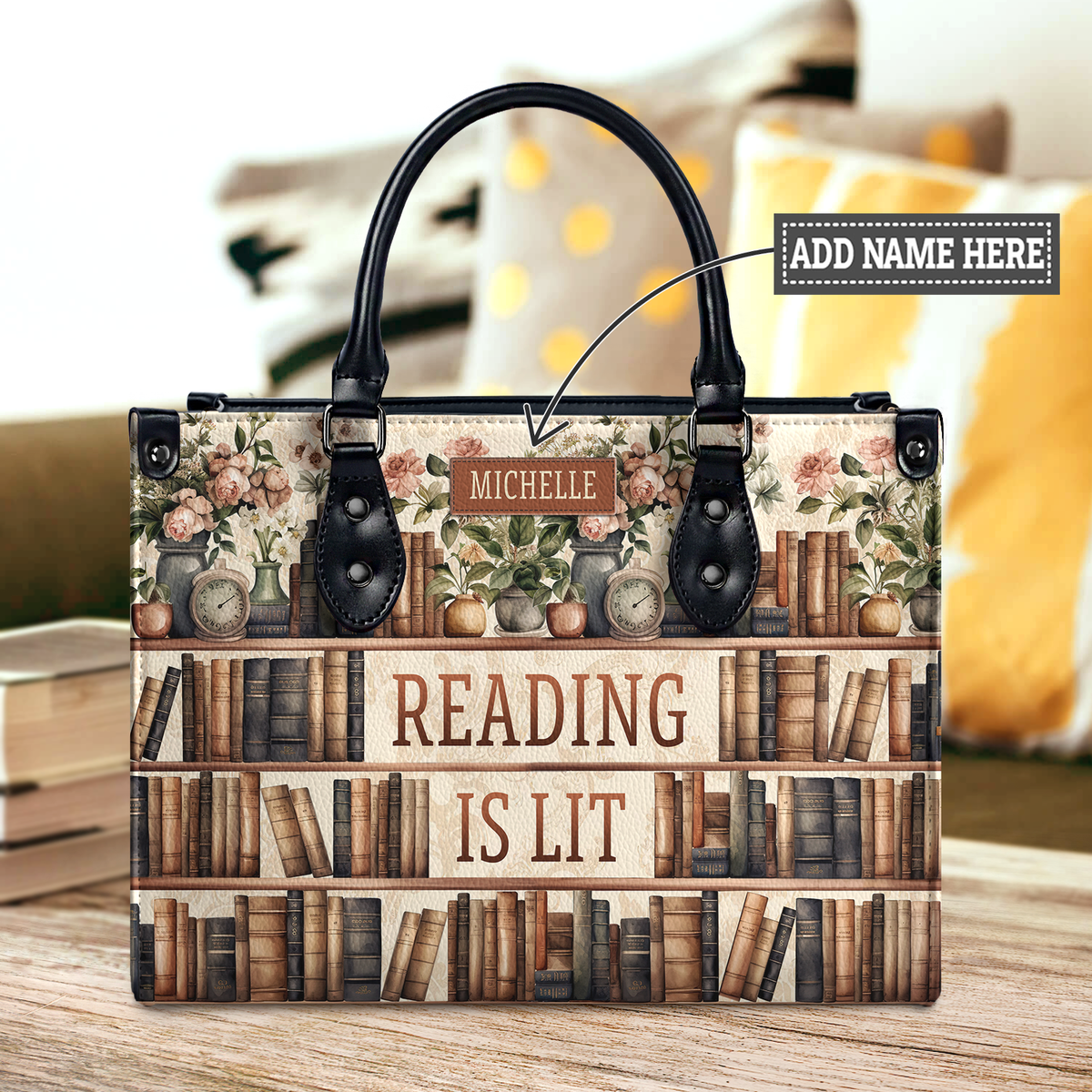 Black Interior -  Reading Is Lit Bookshelf Flower HHRZ17012979OH Leather Bag