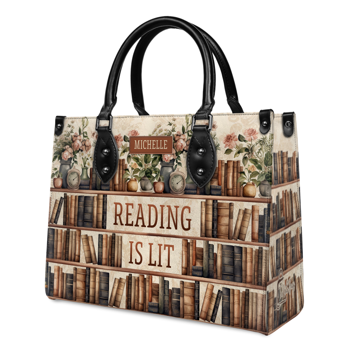 Black Interior -  Reading Is Lit Bookshelf Flower HHRZ17012979OH Leather Bag