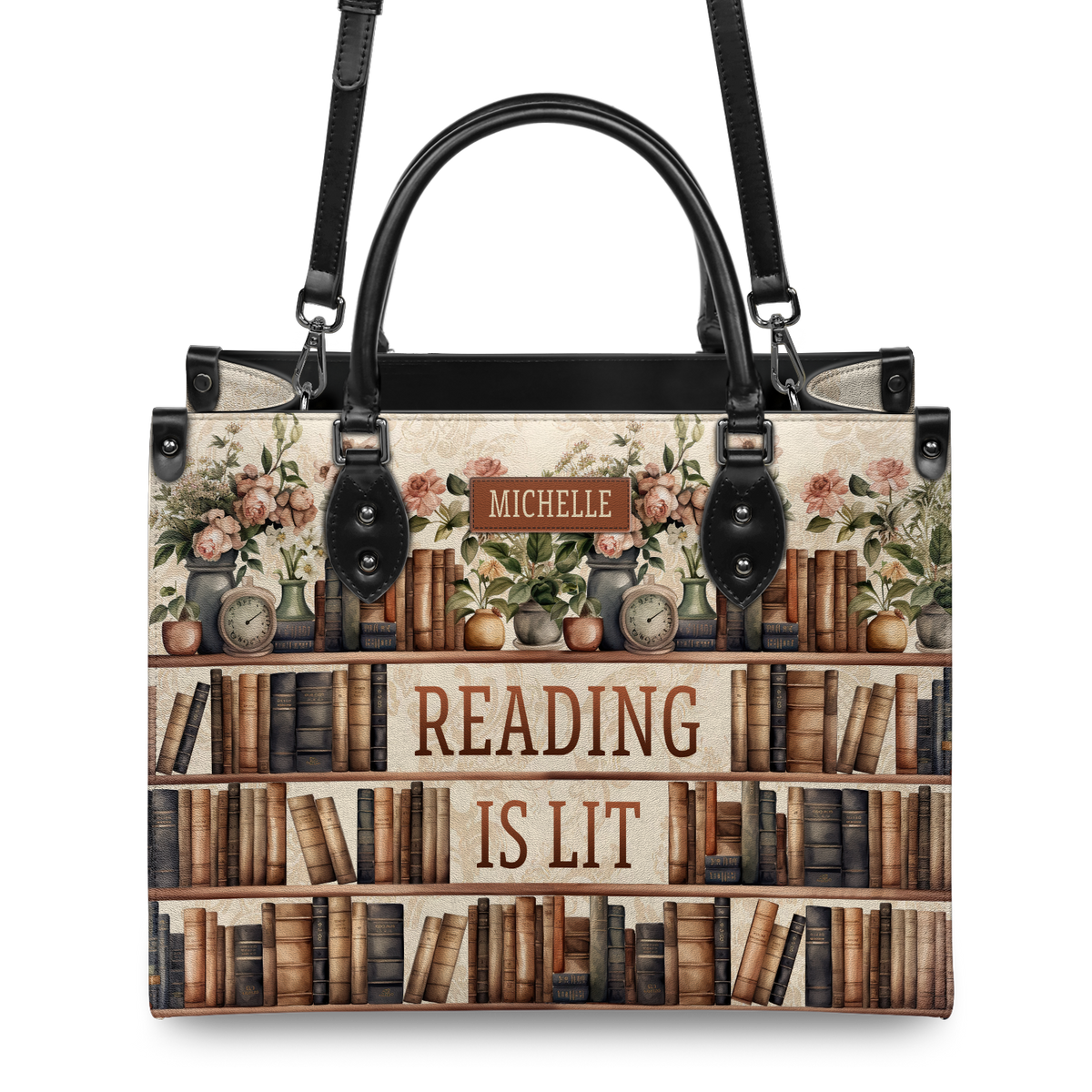 Black Interior -  Reading Is Lit Bookshelf Flower HHRZ17012979OH Leather Bag