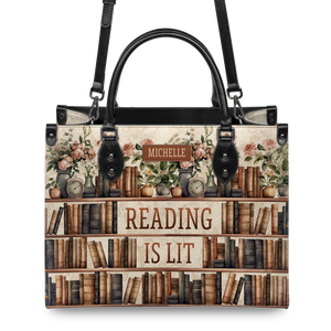 Black Interior -  Reading Is Lit Bookshelf Flower HHRZ17012979OH Leather Bag