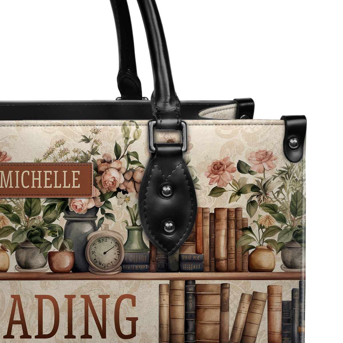 Black Interior -  Reading Is Lit Bookshelf Flower HHRZ17012979OH Leather Bag