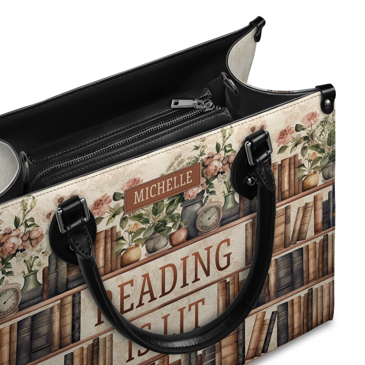 Black Interior -  Reading Is Lit Bookshelf Flower HHRZ17012979OH Leather Bag