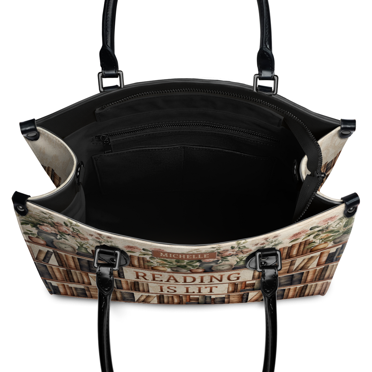 Black Interior -  Reading Is Lit Bookshelf Flower HHRZ17012979OH Leather Bag
