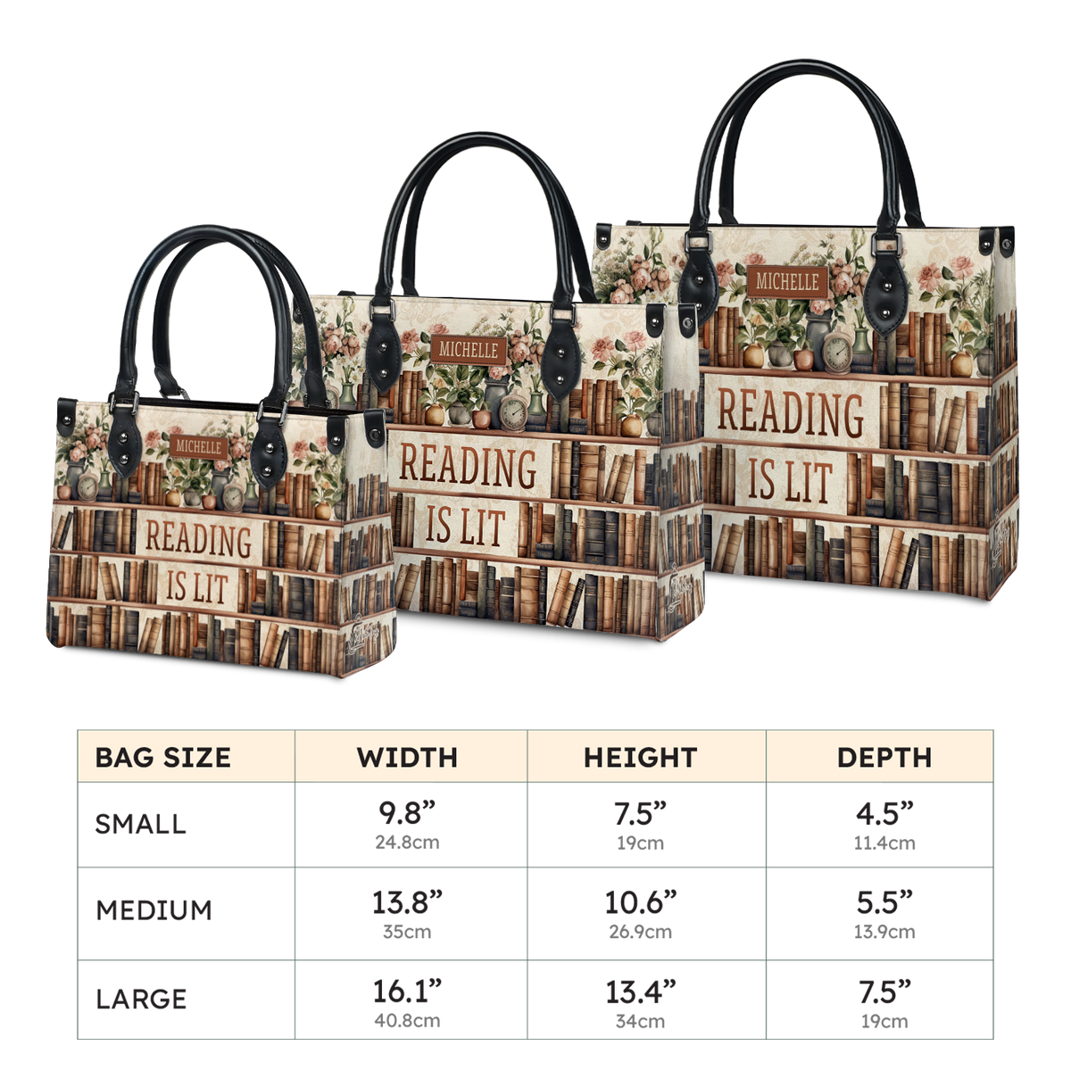 Black Interior -  Reading Is Lit Bookshelf Flower HHRZ17012979OH Leather Bag