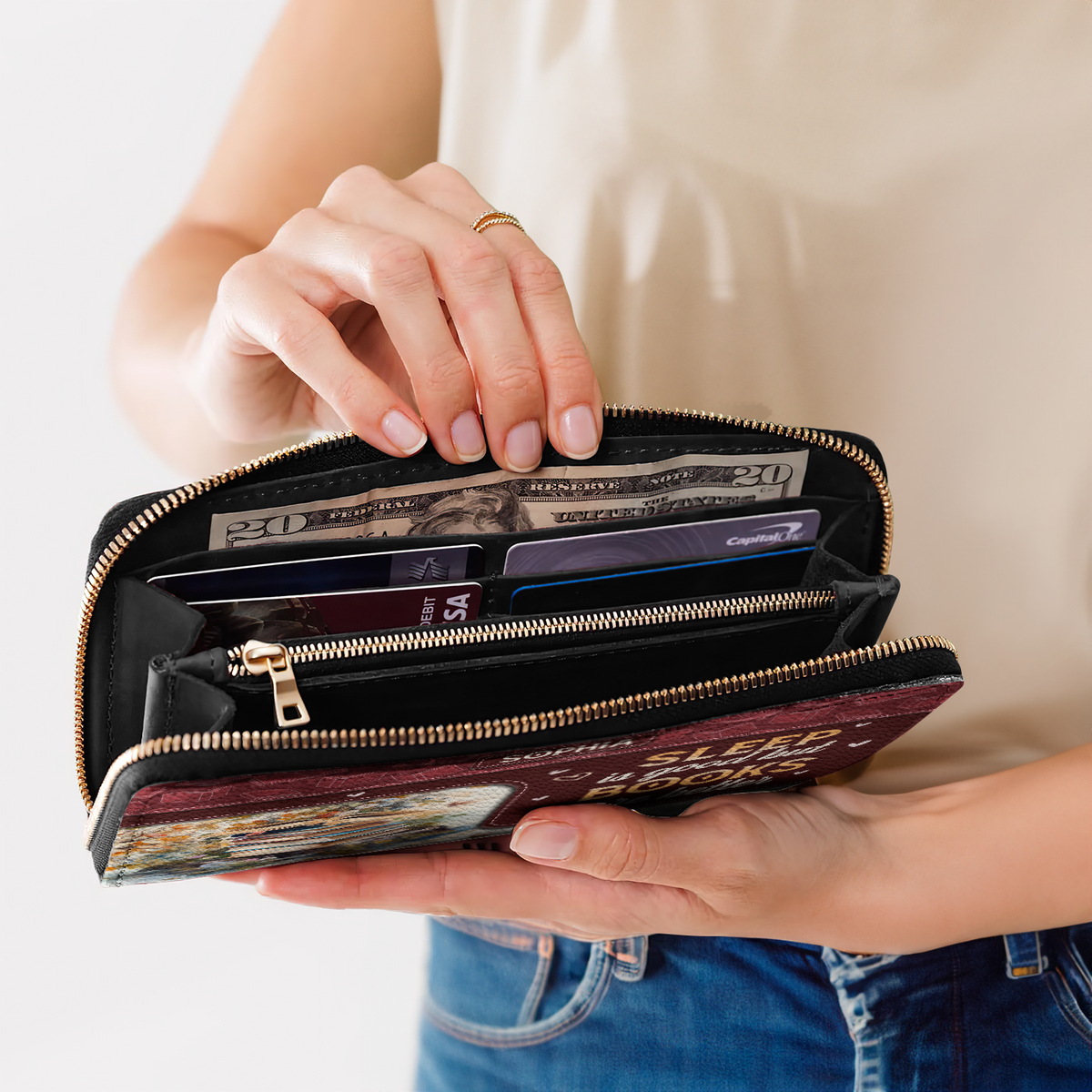 Sleep Is Good But Books Are Better NNRZ05085802PT Zip Around Leather Wallet