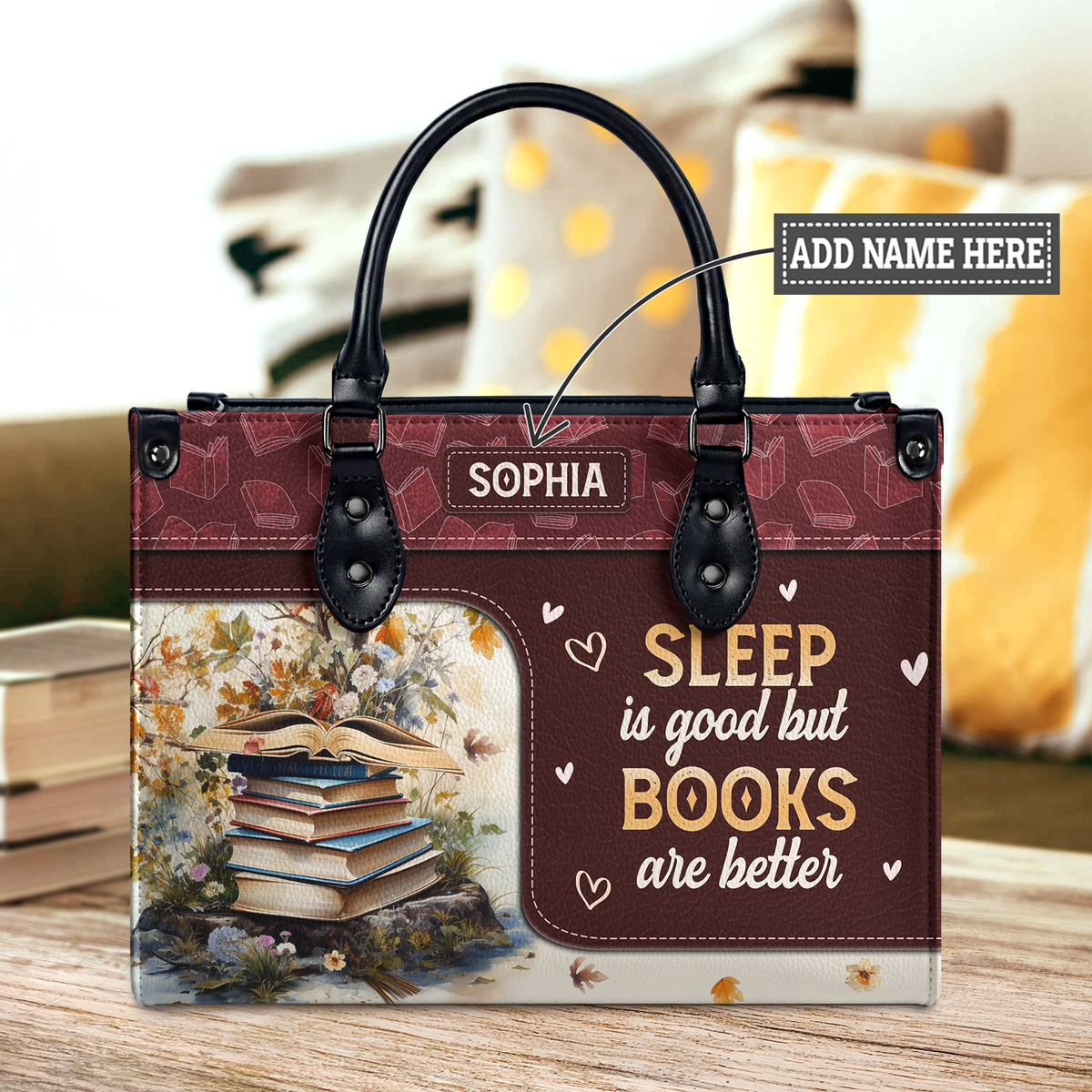 Black Interior -  Sleep Is Good But Books Are Better HTRZ20111807BK Leather Bag