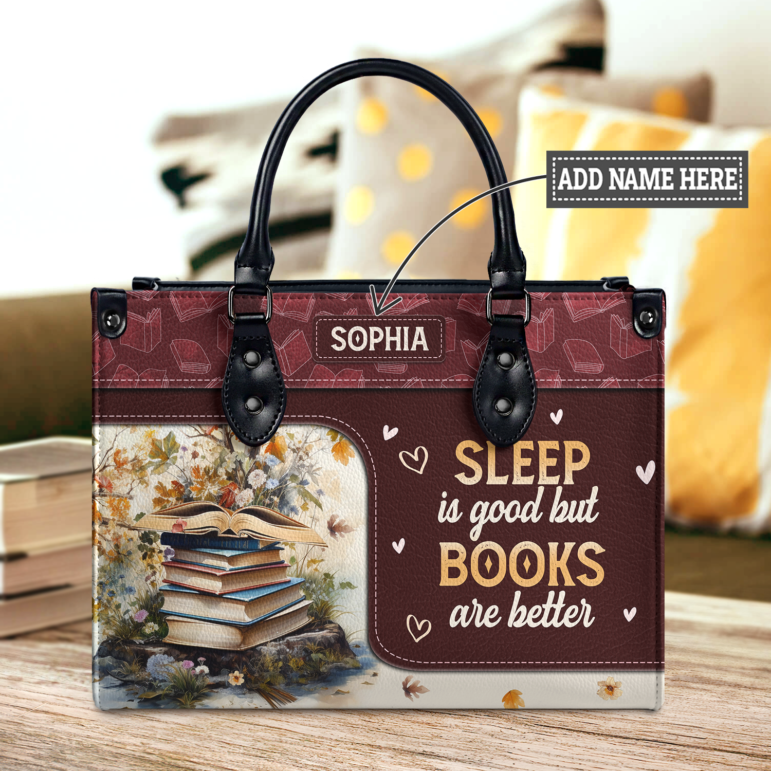Black Interior -  Sleep Is Good But Books Are Better HTRZ20111807BK Leather Bag