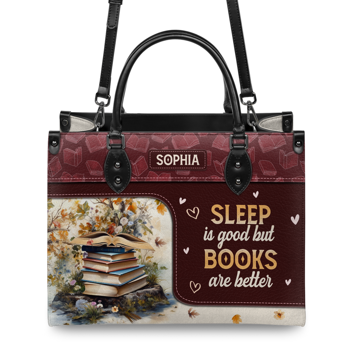 Black Interior -  Sleep Is Good But Books Are Better HTRZ20111807BK Leather Bag