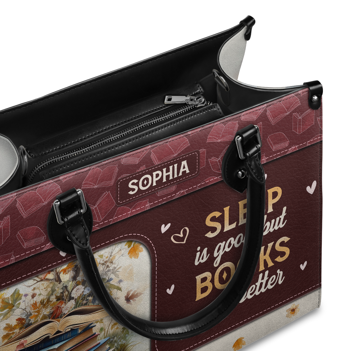 Black Interior -  Sleep Is Good But Books Are Better HTRZ20111807BK Leather Bag