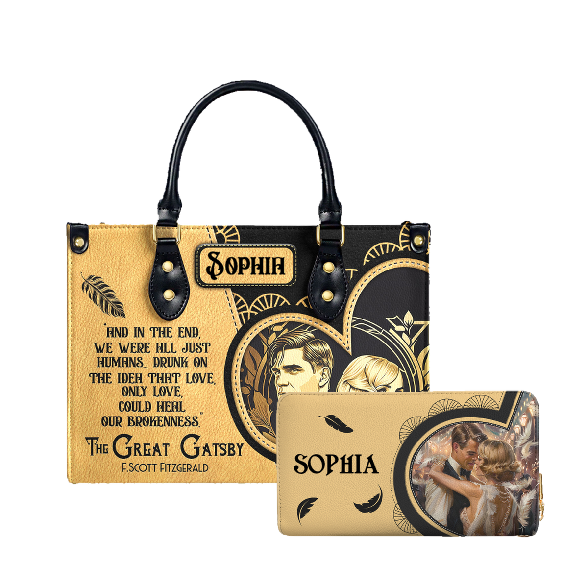The Great Gatsby F Scott Fitzgerald Love Could Heal Our Brokenness leather bag and matching zip around wallet
