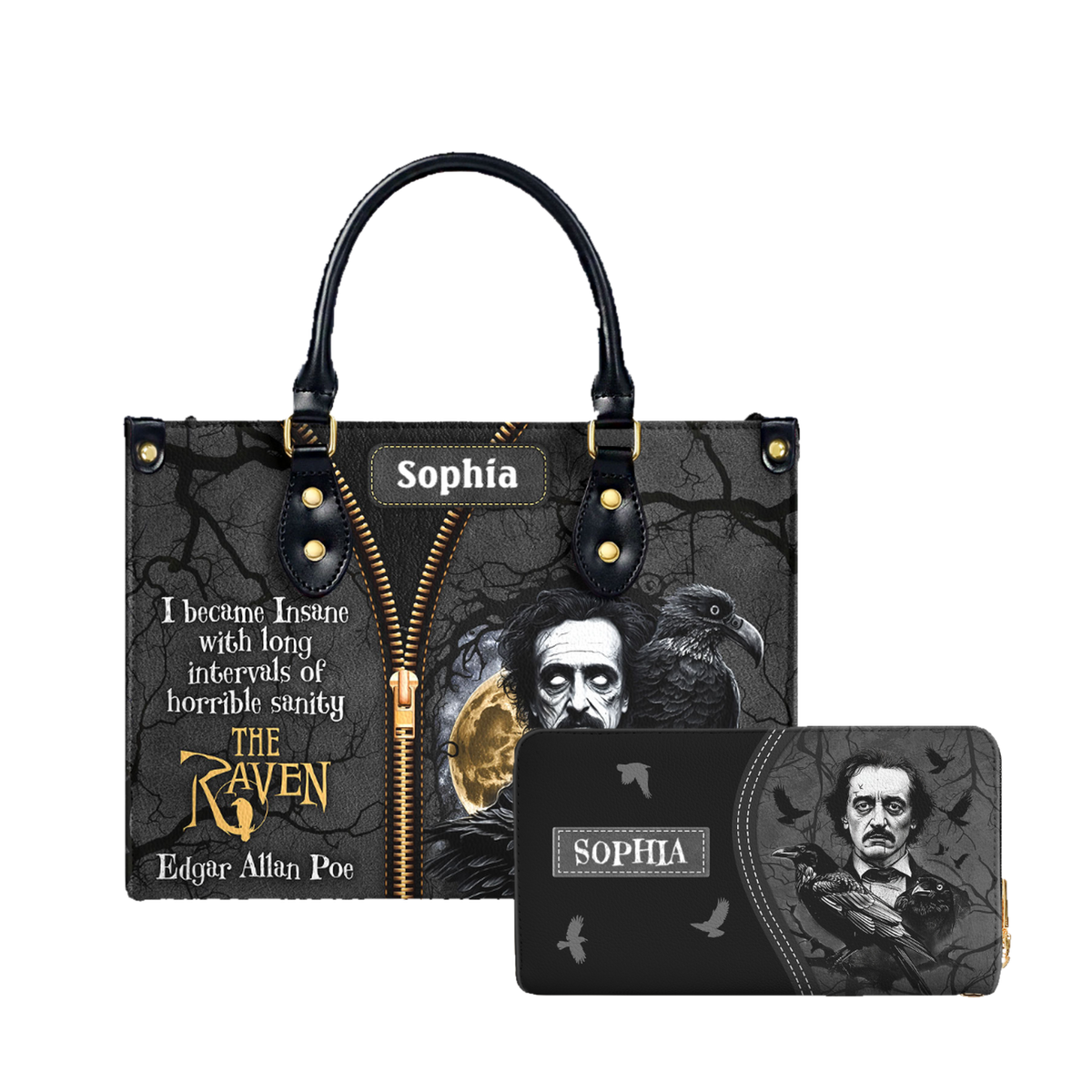 The Raven Edgar Allan Poe I Become Insane With Long Intervals Of Horrible Sanity leather bag and matching zip around wallet