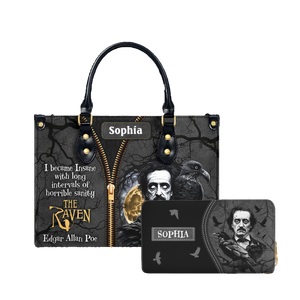 The Raven Edgar Allan Poe I Become Insane With Long Intervals Of Horrible Sanity leather bag and matching zip around wallet