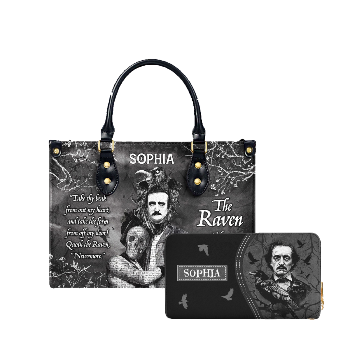 The Raven Edgar Allan Poe Take Thy Break From Out My Heart leather bag and matching zip around wallet