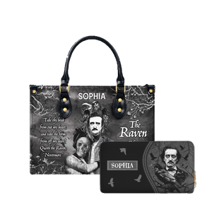 The Raven Edgar Allan Poe Take Thy Break From Out My Heart leather bag and matching zip around wallet