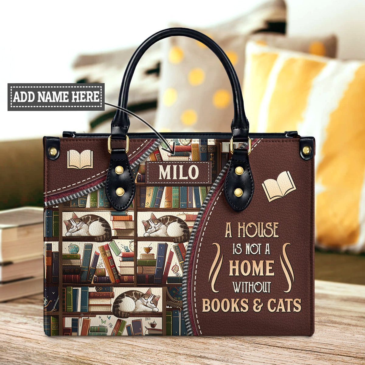 A House Is Not A Home Without Books And Cats DNRZ1802003A Leather Bag
